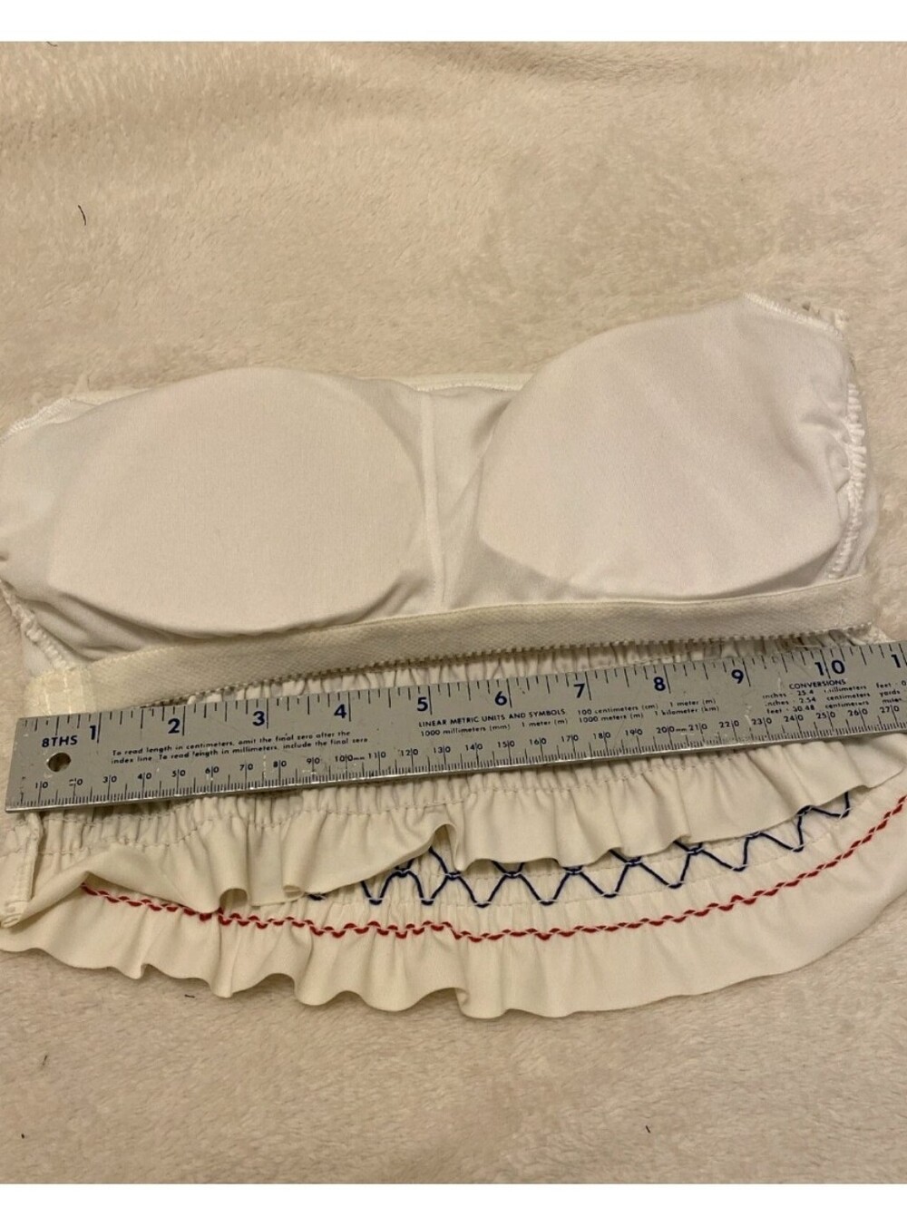 Xhiliration White Smocked Strapless Bandeau Bikini Top, S, White w Red & Blue - Picture 5 of 8